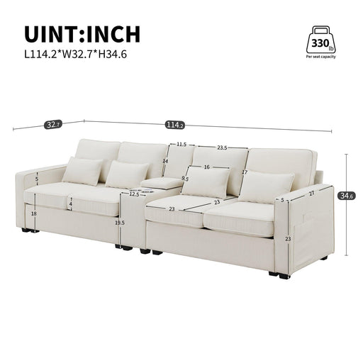Modern Upholstered Sofa with Console, Cupholders, USB Ports, and 4 Pillows for Living Room - DTYStore