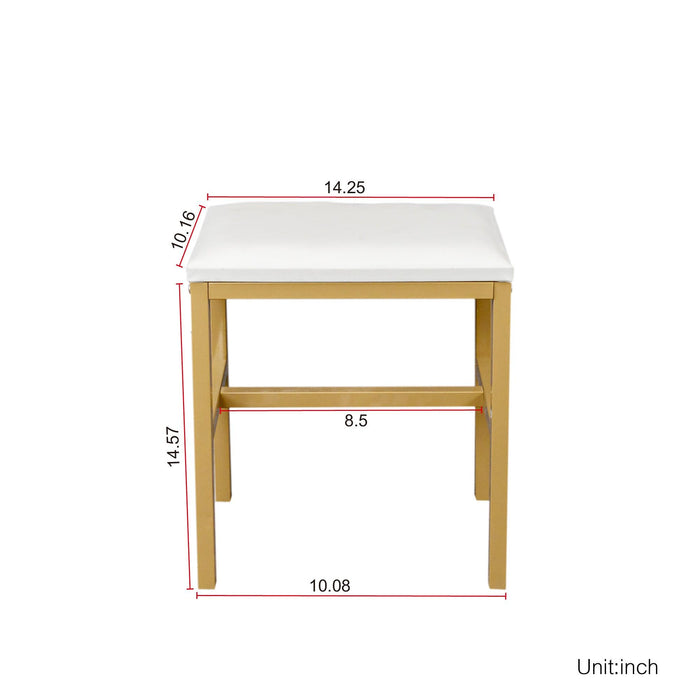 White modern simple vanity with stool, solid metal frame construction, 9 LED lights illuminate makeup mirror, adjustable brightness