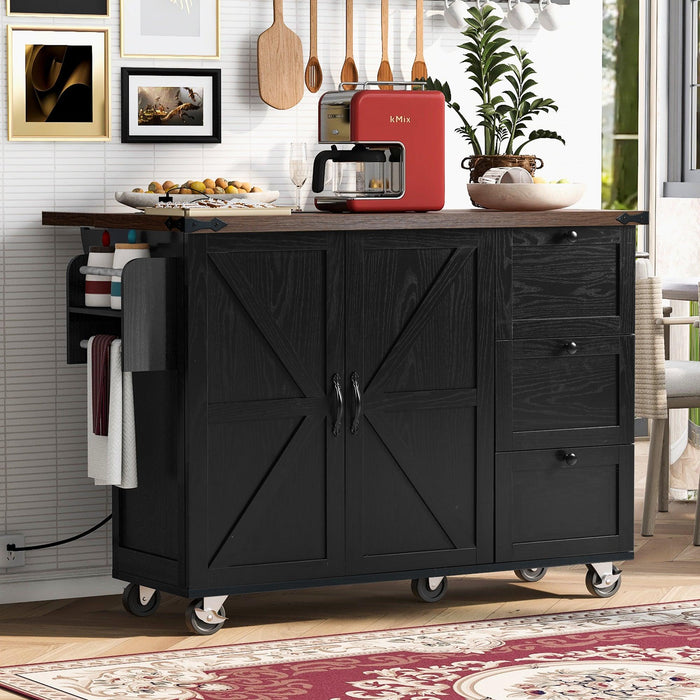 K&K 54.5" Farmhouse Kitchen Island with Power Outlet, Kitchen Storage Island with Internal Storage Rack, Drop Leaf, Spice Rack, Rolling Kitchen Cart on Wheels, for Home, Kitchen and Dining Room,Black