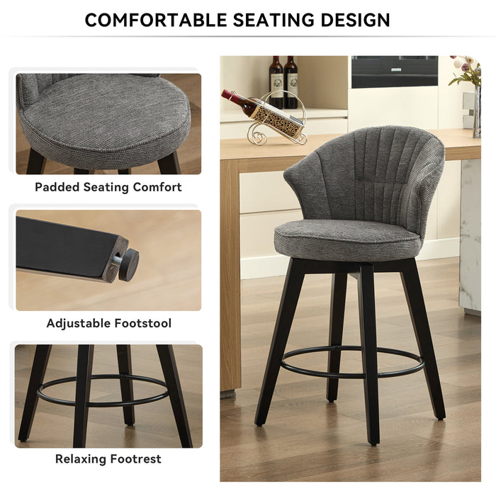008-Wing Back Swivel Bar Stools Set of 2 - 25' Counter Height Adjustable Stools with Solid Wood Legs & Chenille Upholstery, Leveling Feet for Kitchen Island, Home Pub or Dining Room, Dark Grey - DTYStore