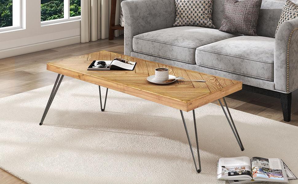 ON-TREND Modern Coffee Table, Easy Assembly Tea Table, Cocktail Table with w/Chevron Pattern & Metal Hairpin Legs for Living Room, Ash Wood Finished