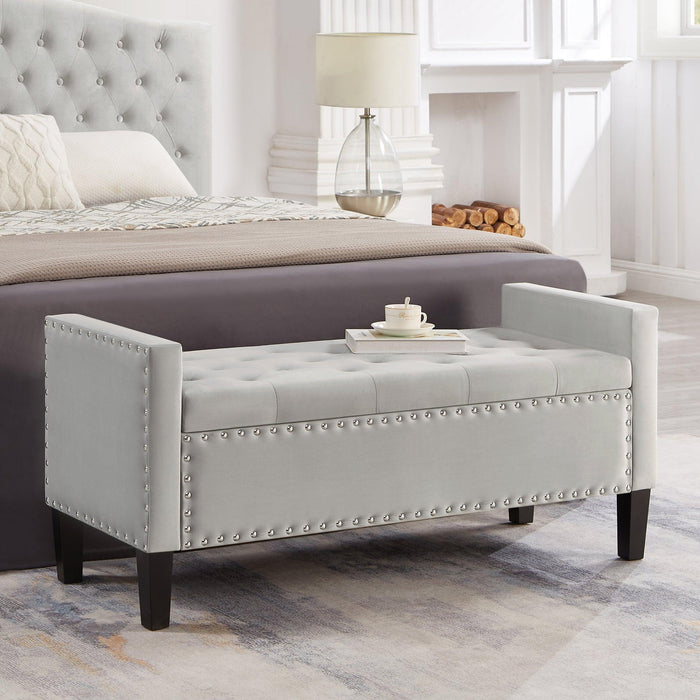 Upholstered Tufted Button Storage Bench with Nails Trim, Entryway Living Room Soft Padded Seat