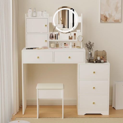 Fashion Vanity Desk with Mirror and Lights for Makeup and Cushioned Chair, Vanity Mirror with Lights and Table Set with 3 Color Lighting Brightness Adjustable,Dressing table, White Color - DTYStore