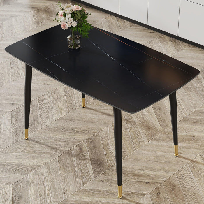 Modern Minimalist Dining Table. Black sintered stone tabletop with golden stripe pattern, black metal legs. Suitable for kitchen restaurantand and living room 50"*30"*30"