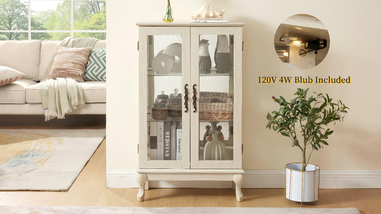 2 Doors Curio Cabinet with Tempered Glass Doors and Mirrored Back Panel, Lighted Display Cabinet for Home and Office