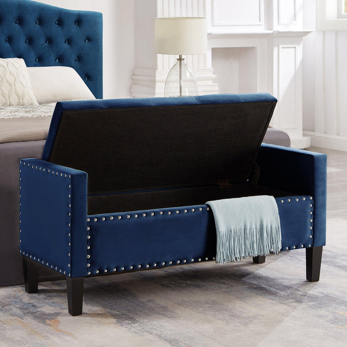 Upholstered Tufted Button Storage Bench with nails trim,Entryway Living Room Soft Padded Seat with Armrest,Bed Bench -Navy