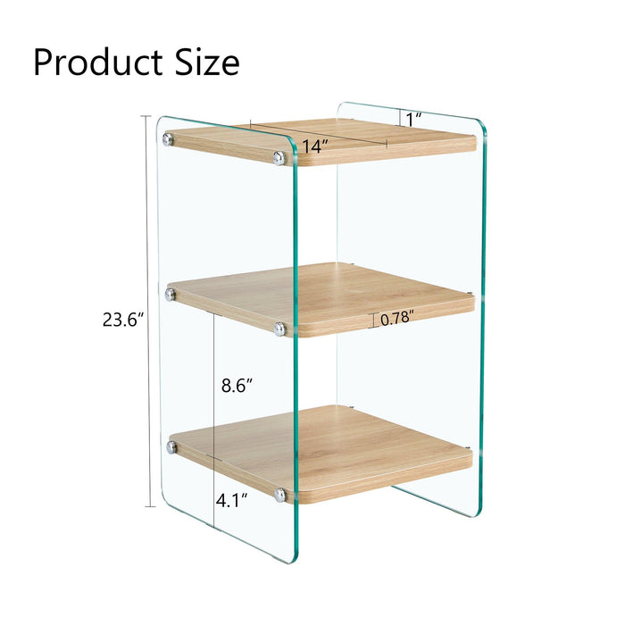 Three Layer Bedside Cabinet.The board is made of MDF with wooden stickers, with transparent tempered glass on both side.The design is simple and elegant, with powerful storage function.Storage cabinet