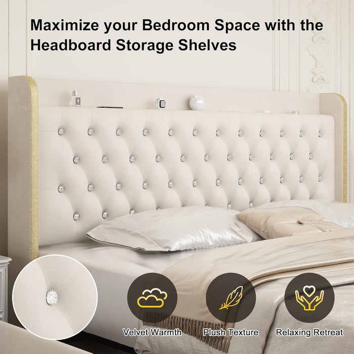 Queen size bed frame with 4 drawers, Star Projector Galaxy Light, Wingback Upholstered Headboard with Diamond Button, USB Charger and music speaker, PU Leather - DTYStore