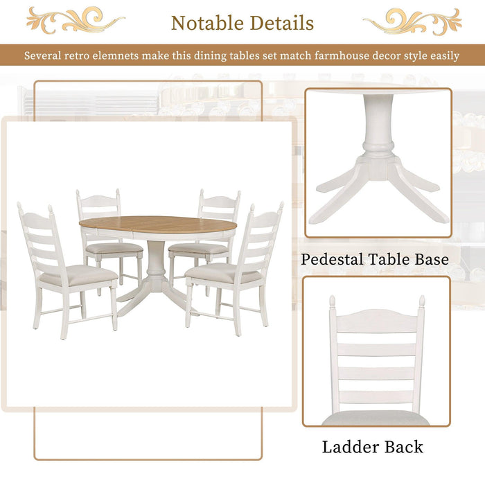 5-Piece Retro Functional Dining Table Set with Round Extendable Table and 4 Chairs