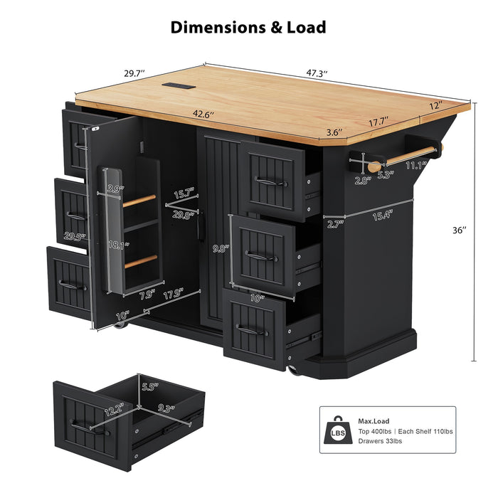 56 inch Kitchen Island with Rubber Wood Veneer Drop Leaf, Power Outlet, 4 Door Shelves, Embossed Vertical Stripe Rolling Kitchen Cart on 4 Wheels with 6 Deep Drawers for Kitchen, Dining Room,Black - DTYStore
