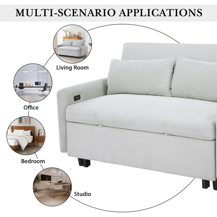 57.48" Pull-out Sofa Bed Convertible Couch 2 Seat Loveseat Sofa Modern Sleeper Sofa with Two Throw Pillows and USB Ports for Living Room, Light Blue