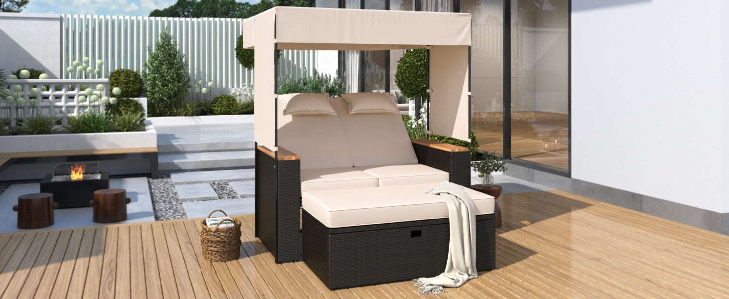 2-Piece Outdoor Rattan Daybed, Outdoor Bed with 5 Positions, Outdoor Loveseat Patio Sofa with Bench Lounge Roof Set and Cushions for Poolside, Backyard and Garden (Brown Wicker + Beige Fabric) - DTYStore