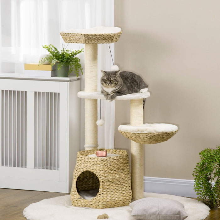 47" Cat Tree Kitty Activity Center, Cat Climbing Toy with Cattail Fluff, Bed, Condo, Sisal Scratching Post, and Hanging Ball, Natural