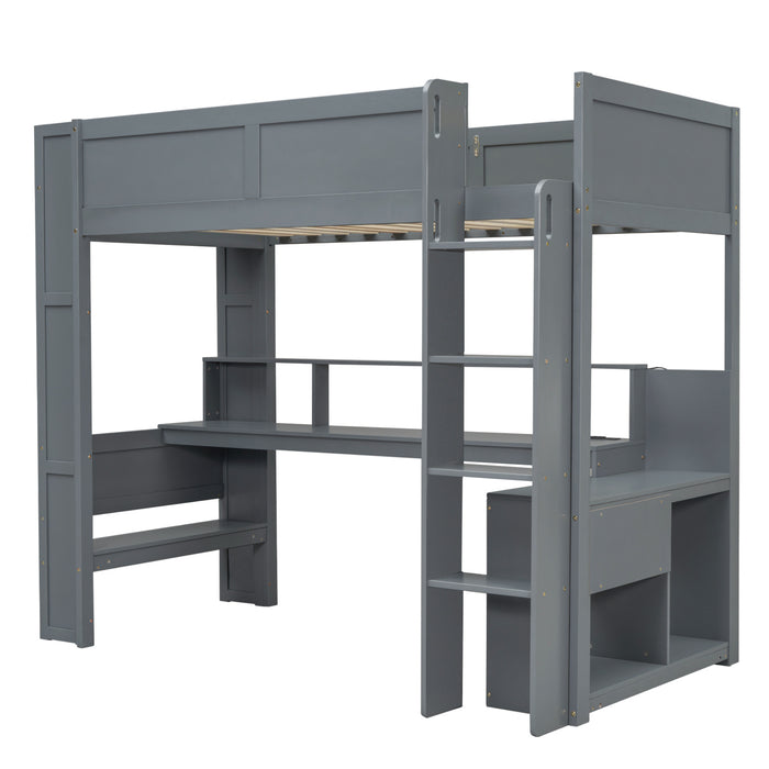 Wood Twin Size Gaming Loft Bed with Desk, Multi-storage Shelves, LED and Charging Station, Dark Gray - DTYStore