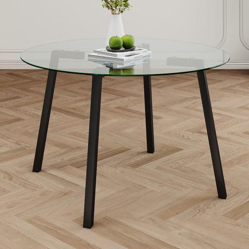 Modern minimalist 47.2-inch round glass dining table with clear glass countertops and black metal legs for kitchen, dining and living room (set of 1) - DTYStore