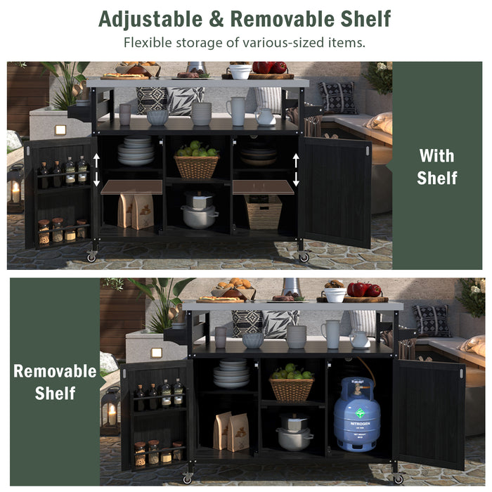 Outdoor Kitchen Island, Rolling Bar Cart & Storage Cabinet, Farmhouse Solid Wood Outdoor Grill Table with Stainless Steel Top, Spice Rack , Towel Rack for Kitchen & Barbecue, Black - DTYStore