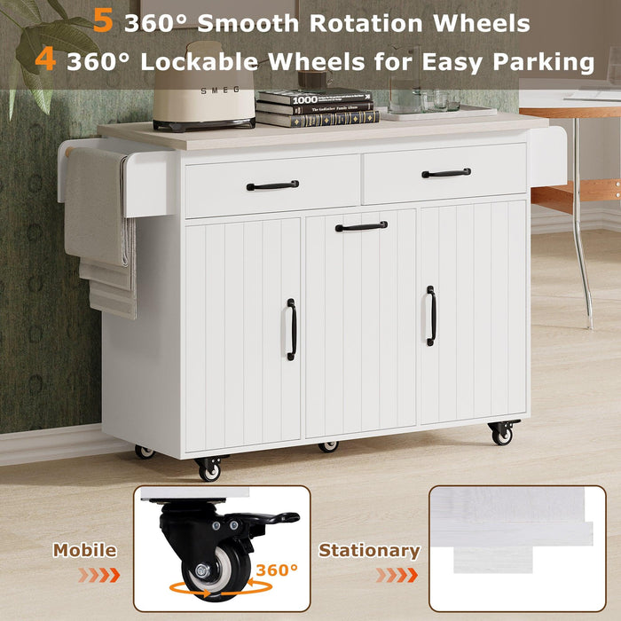 Kitchen Island with Trash Can Storage Cabinet, Kitchen Cart with Drop Leaf, Spice Rack, Towel Rack and Drawer, Rolling Kitchen Island on Wheels with Adjustable Shelf, White - DTYStore