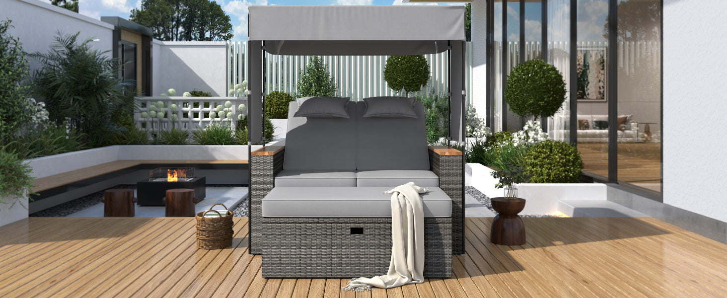 2-Piece Outdoor Rattan Daybed, Outdoor Bed with 5 Positions, Outdoor Loveseat Patio Sofa with Bench Lounge Roof Set and Cushions for Poolside, Backyard and Garden (Grey Wicker + Grey Fabric) - DTYStore