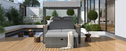 2-Piece Outdoor Rattan Daybed, Outdoor Bed with 5 Positions, Outdoor Loveseat Patio Sofa with Bench Lounge Roof Set and Cushions for Poolside, Backyard and Garden (Grey Wicker + Grey Fabric) - DTYStore