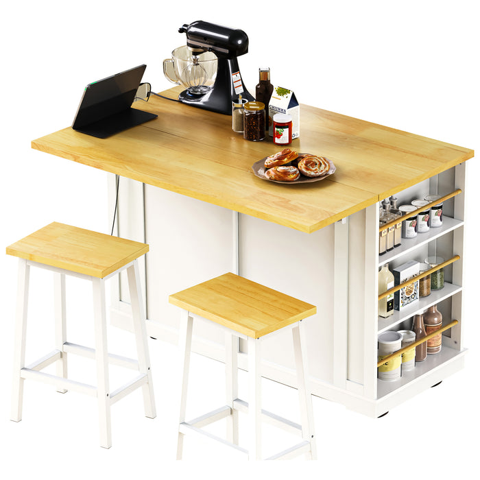 48inch Large Kitchen Island with 2 Bar Stools, Power Outlet, Door Internal Storage Rack, Kitchen Storage Cart on 5 Wheels with Drop Leaf, 5 Open Side Racks, 2 Drawers,for Kitchen,Dining Room,White - DTYStore