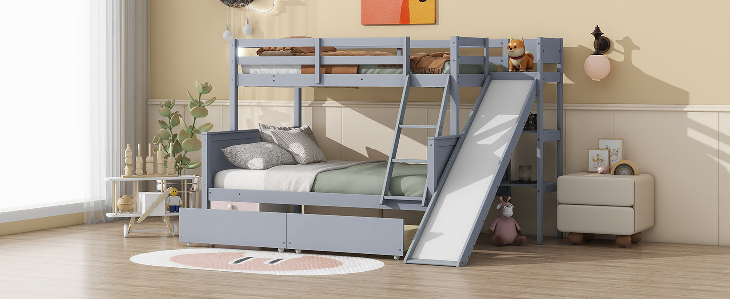 Twin over Full Bunk Bed with 2 Drawers, Slide, Shelves, Ladder, Rubber Wood Bunk Bed with Slide, Drawers,Grey(Old Sku:W504S00061) - DTYStore