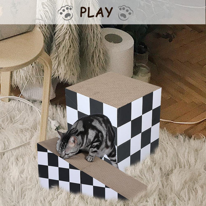 Cat Scratching Board with Ball, Triangle Cat Scratching Cardboard, Multiple Scratching Angles, 2-in-1 Scratching Lounge Bed, Recyclable and Durable, Furniture Protector, Black and White - DTYStore