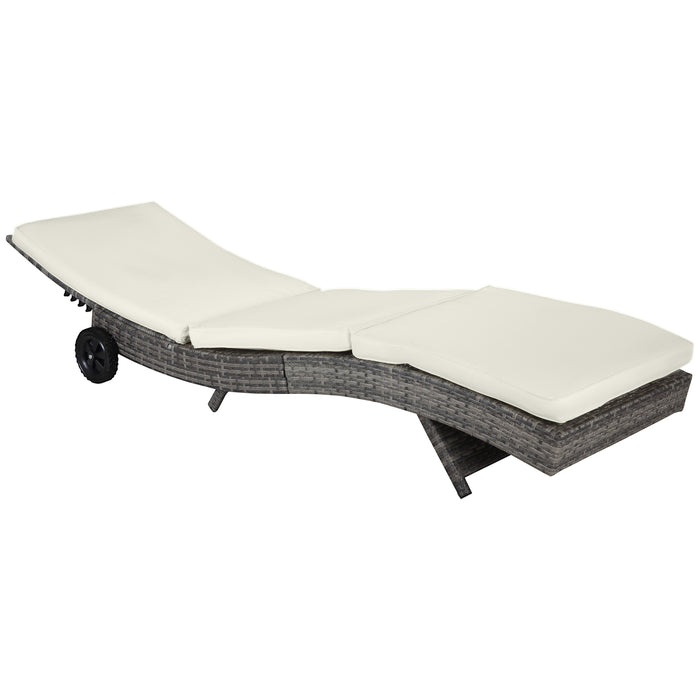 Outsunny Wicker Chaise Lounge Pool Chair, Outdoor PE Rattan Cushioned Patio Sun Lounger w/ 5-Level Adjustable Backrest & Wheels for Easy Movement, Cream White - DTYStore