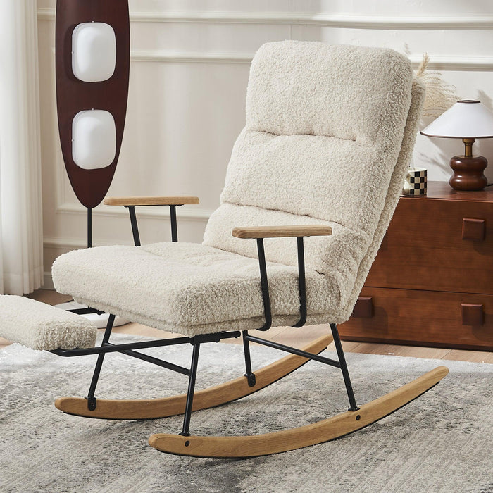 Modern Teddy Gliding Rocking Chair with High Back, Retractable Footrest, and Adjustable Back Angle for Nursery, Living Room, and Bedroom,Beige