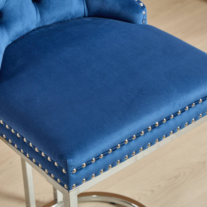 25' Counter Height Bar Stools Set of 2, Modern Velvet Barstools with Button Back&Rivet Trim Upholstered Kitchen Island Chairs with Sturdy Chromed Metal Base Legs Farmhouse Bar Stools, (Blue,2 Pack) - DTYStore