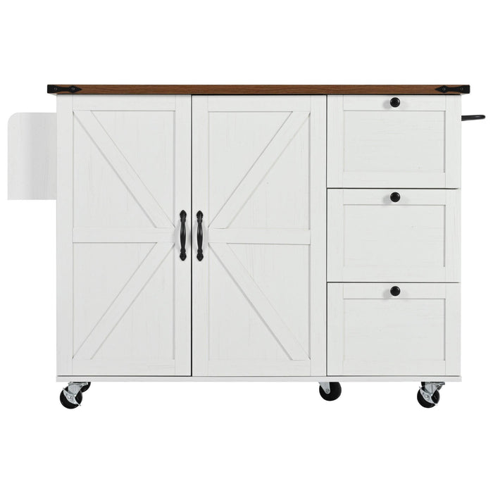 54.5" Farmhouse Kitchen Island with Power Outlet, Kitchen Storage Island with Internal Storage Rack, Drop Leaf, Spice Rack, Rolling Kitchen Cart on Wheels, for Home, Kitchen and Dining Room,White - DTYStore