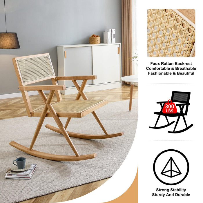 Solid Wood+Imitation Rattan Rocking Chair allows you to relax quietly indoors and outdoors, enhancing your sense of relaxation, suitable for balconies, gardens, and camping sites