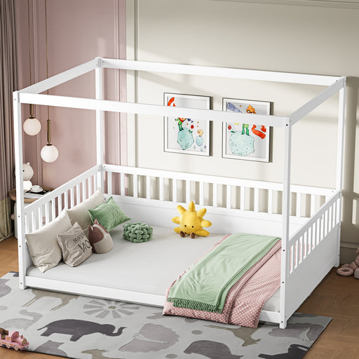Full Size Canopy Bed Frame with Guardrails for Kids,Floor Bed Full with Four Poster Design,Kids Montessori Floor Bed,Wood Canopy Bed Frame for Girls,Boys(Full,White) - DTYStore