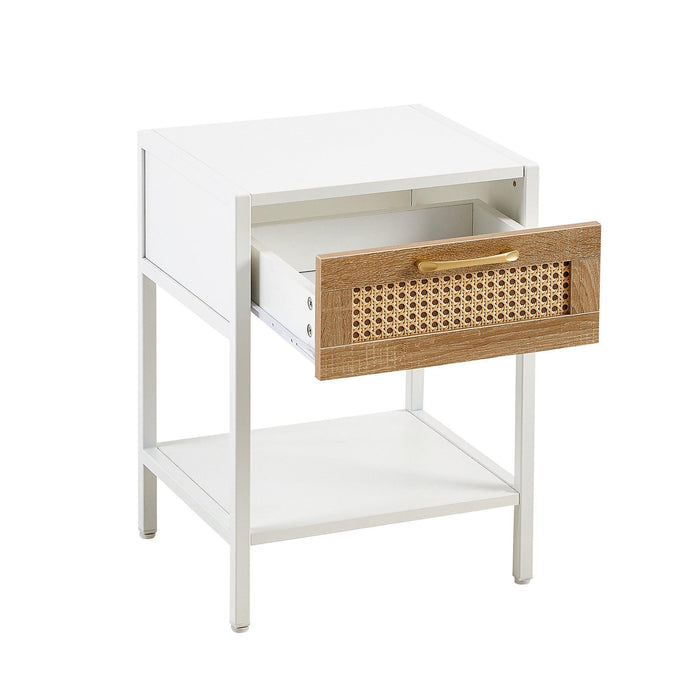 15.74" Rattan End table with drawer, Modern nightstand, metal legs,side table for living room, bedroom,white(1 pc) - DTYStore