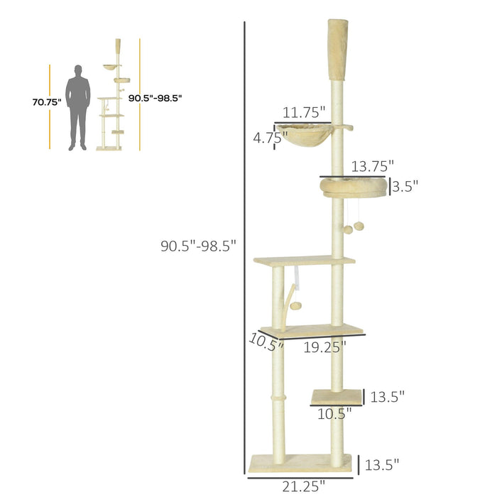 Floor to Ceiling Cat Tree, 90.5" - 98.5" Adjustable Height, Cat Climbing Tower with Carpeted Platforms, Cozy Bed, Hammock, Scratching Posts, Toy Balls, Activity Center for Kittens, Beige