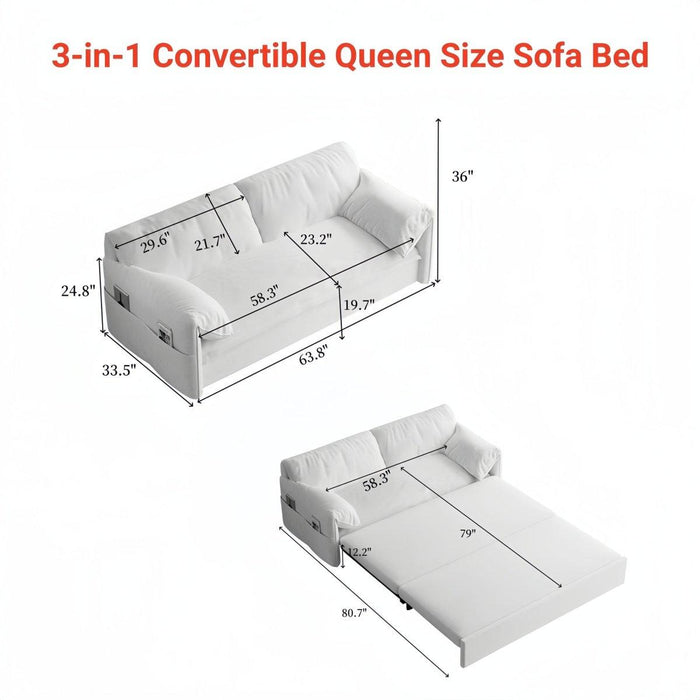 63.8" Queen Pull Out Sofa Bed, 3-in-1 Convertible Sleeper Sofa with Side Storage,Multi-Functional Velvet Loveseat Bed for Living Room,Bedroom,Apartment,Office,Beige