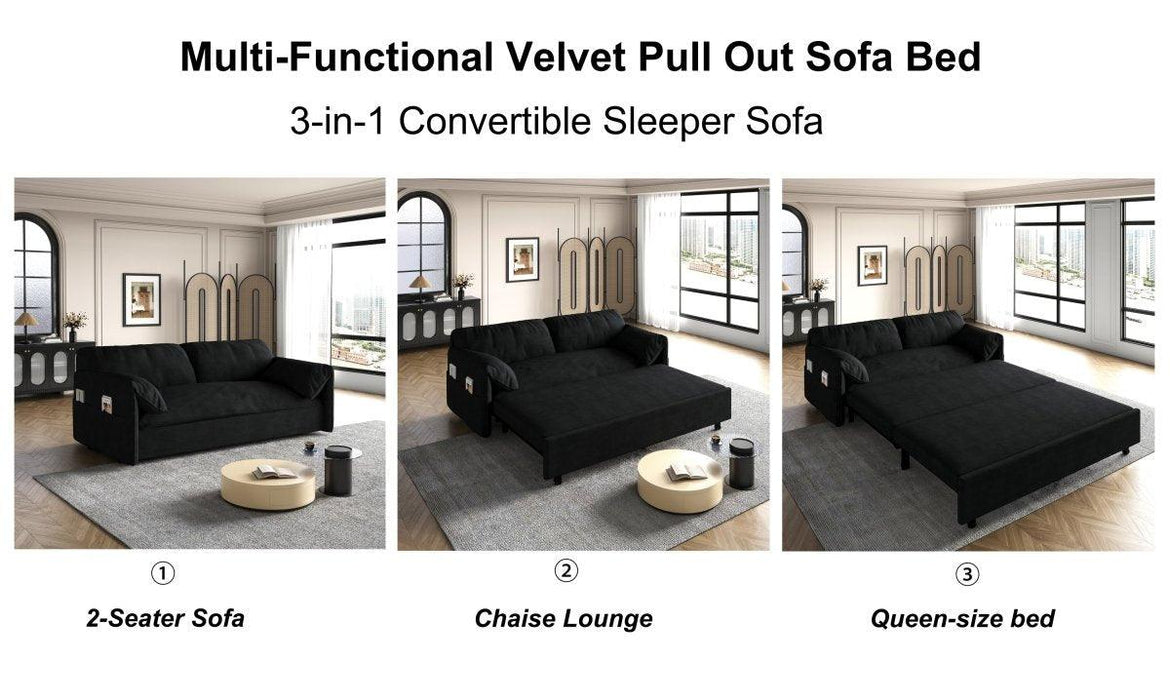 63.8" Queen Pull Out Sofa Bed, 3-in-1 Convertible Sleeper Sofa with Side Storage,Multi-Functional Velvet Loveseat Bed for Living Room,Bedroom,Apartment,Office,Beige