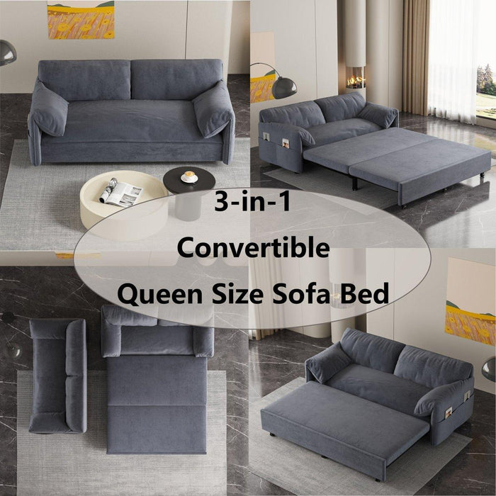 63.8" Queen Pull Out Sofa Bed, 3-in-1 Convertible Sleeper Sofa with Side Storage,Multi-Functional Velvet Loveseat Bed for Living Room,Bedroom,Apartment,Office,Beige