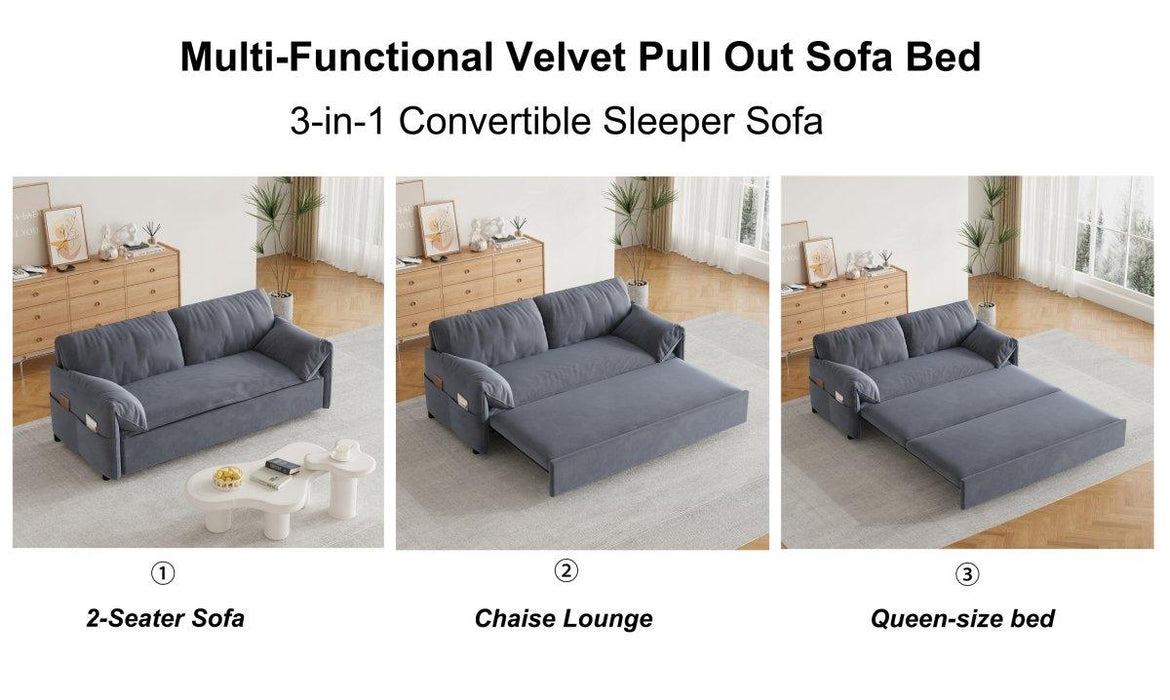 63.8" Queen Pull Out Sofa Bed, 3-in-1 Convertible Sleeper Sofa with Side Storage,Multi-Functional Velvet Loveseat Bed for Living Room,Bedroom,Apartment,Office,Beige