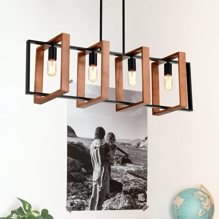 4-Light Kitchen Island Lights Pendant Light Farmhouse Dining Room Light Fixture, Rustic Wood and Black Metal Rectangular Chandelier, 36" Hanging Lighting for Living Room,Conference Room, Home Office