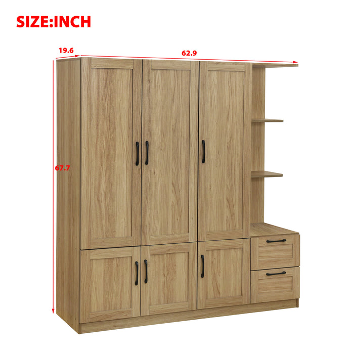 3 Door Wooden Storage Wardrobe for Dedroom with Shelves and 2 Drawers, Side Storage Shelves,Nature - DTYStore