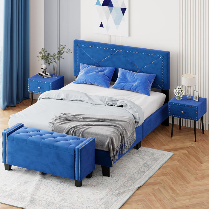 4-Pieces Bedroom Sets Queen Size Upholstered Bed Frame with Rivet Design,Nightstands and Tufted Storage Ottoman,Blue