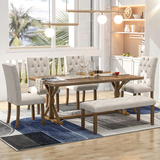 6-Piece Farmhouse Dining Table Set 72" Wood Rectangular Table with Upholstered Chairs and Bench - DTYStore