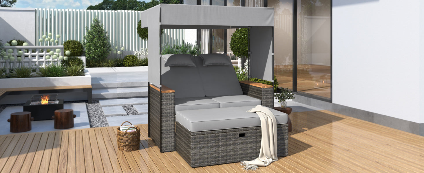 2-Piece Outdoor Rattan Daybed, Outdoor Bed with 5 Positions, Outdoor Loveseat Patio Sofa with Bench Lounge Roof Set and Cushions for Poolside, Backyard and Garden (Grey Wicker + Grey Fabric) - DTYStore