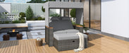 2-Piece Outdoor Rattan Daybed, Outdoor Bed with 5 Positions, Outdoor Loveseat Patio Sofa with Bench Lounge Roof Set and Cushions for Poolside, Backyard and Garden (Grey Wicker + Grey Fabric) - DTYStore