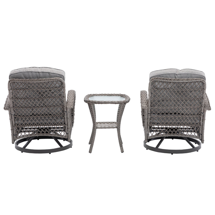 3 Pieces Outdoor Swivel Rocker Patio Chairs, 360 Degree Rocking Patio Conversation Set with Thickened Cushions and Glass Coffee Table for Backyard, Grey - DTYStore
