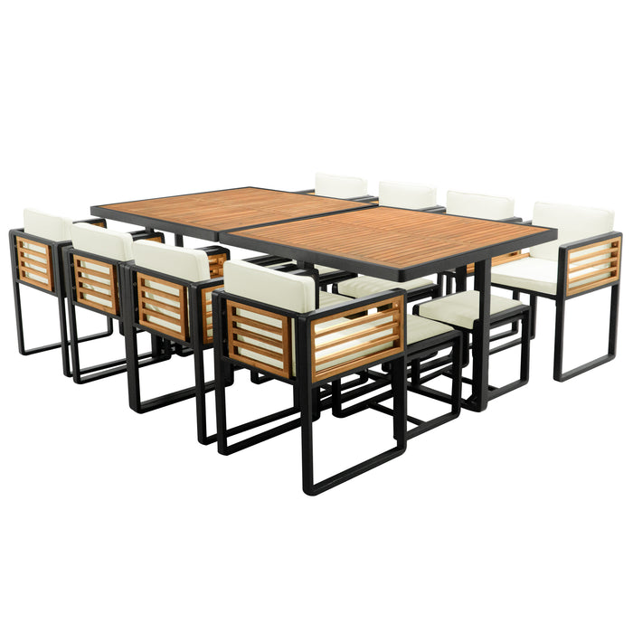 GO 18-Pieces Acacia Wood Patio Dining Set, Space Saving Outdoor Patio Set, 8 Cushioned Chairs & 8 Ottomans & 2 Square Table, for Backyard, Garden, Deck and Poolside, Beige - DTYStore