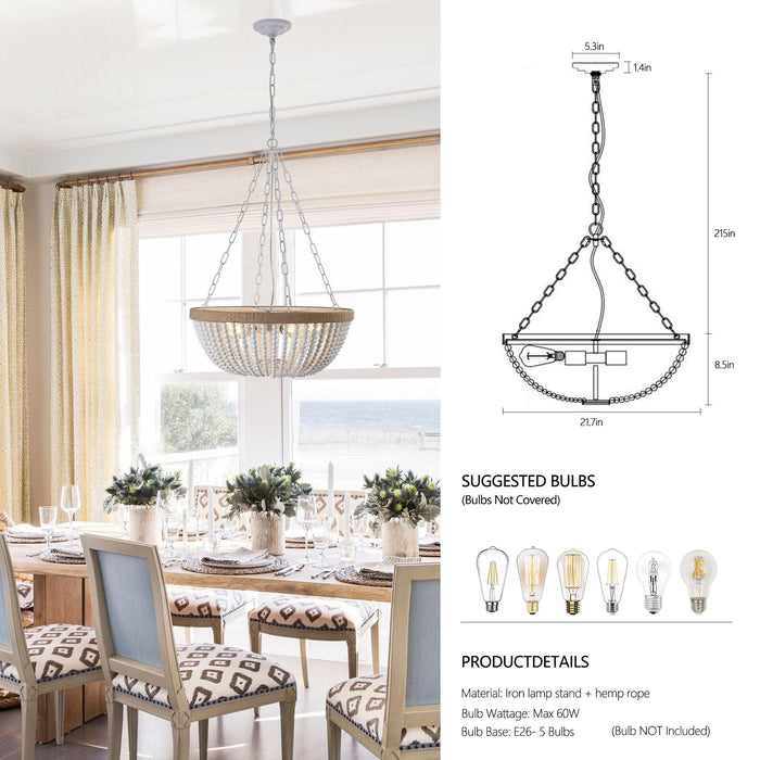 Bohemian style Wood Beaded Chandelier Oak White - DTYStore