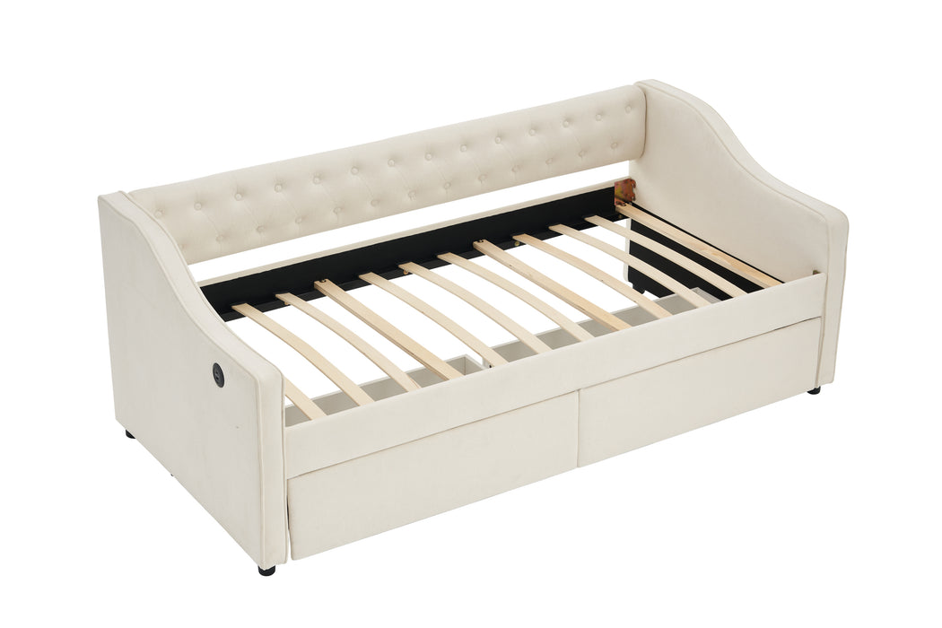 Twin Size Upholstered Daybed with Storage Drawers, Solid Wood Sofábed Bed Frame with Velvet Fabric & Wood Slat Support for Bedroom, Living Room, Office,Beige - DTYStore