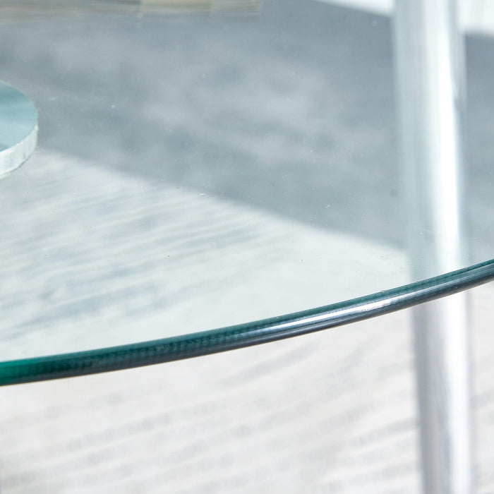 A glass tabletop with a diameter of 40 inches and a modern minimalist circular dining table with electroplated silver metal legs. Suitable for restaurants, living rooms, and conference rooms.