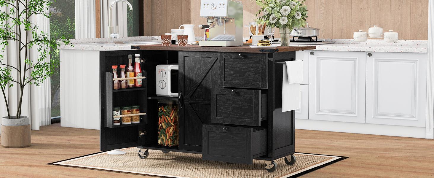 K&K 54.5" Farmhouse Kitchen Island with Power Outlet, Kitchen Storage Island with Internal Storage Rack, Drop Leaf, Spice Rack, Rolling Kitchen Cart on Wheels, for Home, Kitchen and Dining Room,Black